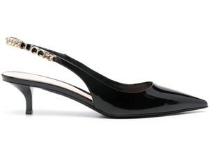 Gucci Signoria 45mm Black Patent Gold Chain Logo Slingback Kitten Heel Pump 38.5